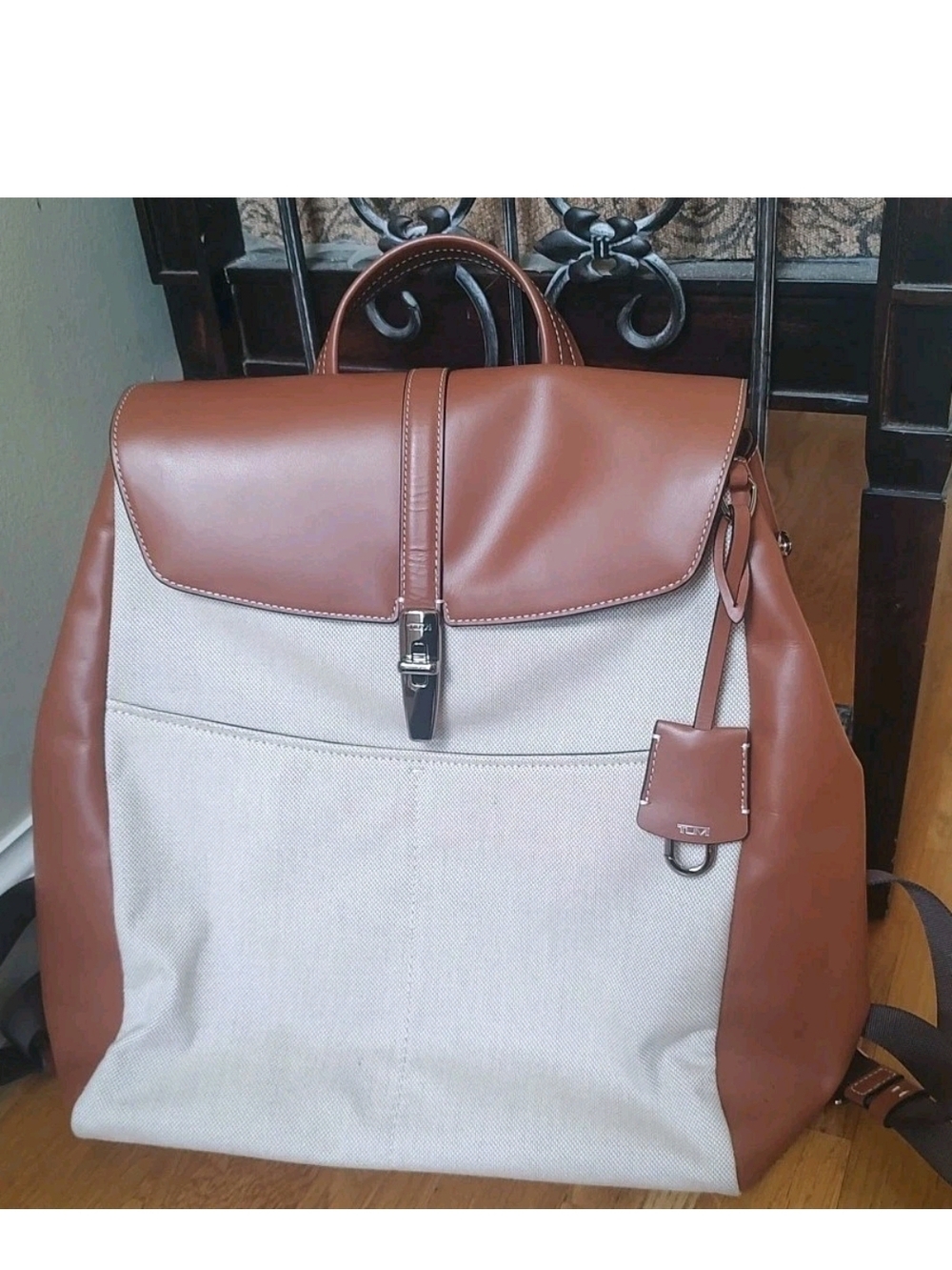Tumi Marigot Brown Tan Canvas Leather-Trim Backpack